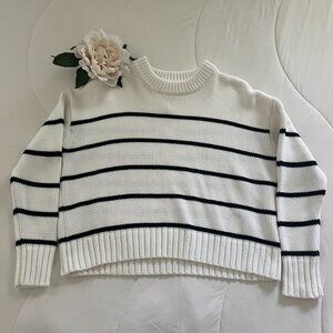 NWT Quince XS 100% Organic Cotton Striped Crew Sweater Color Black/Ivory